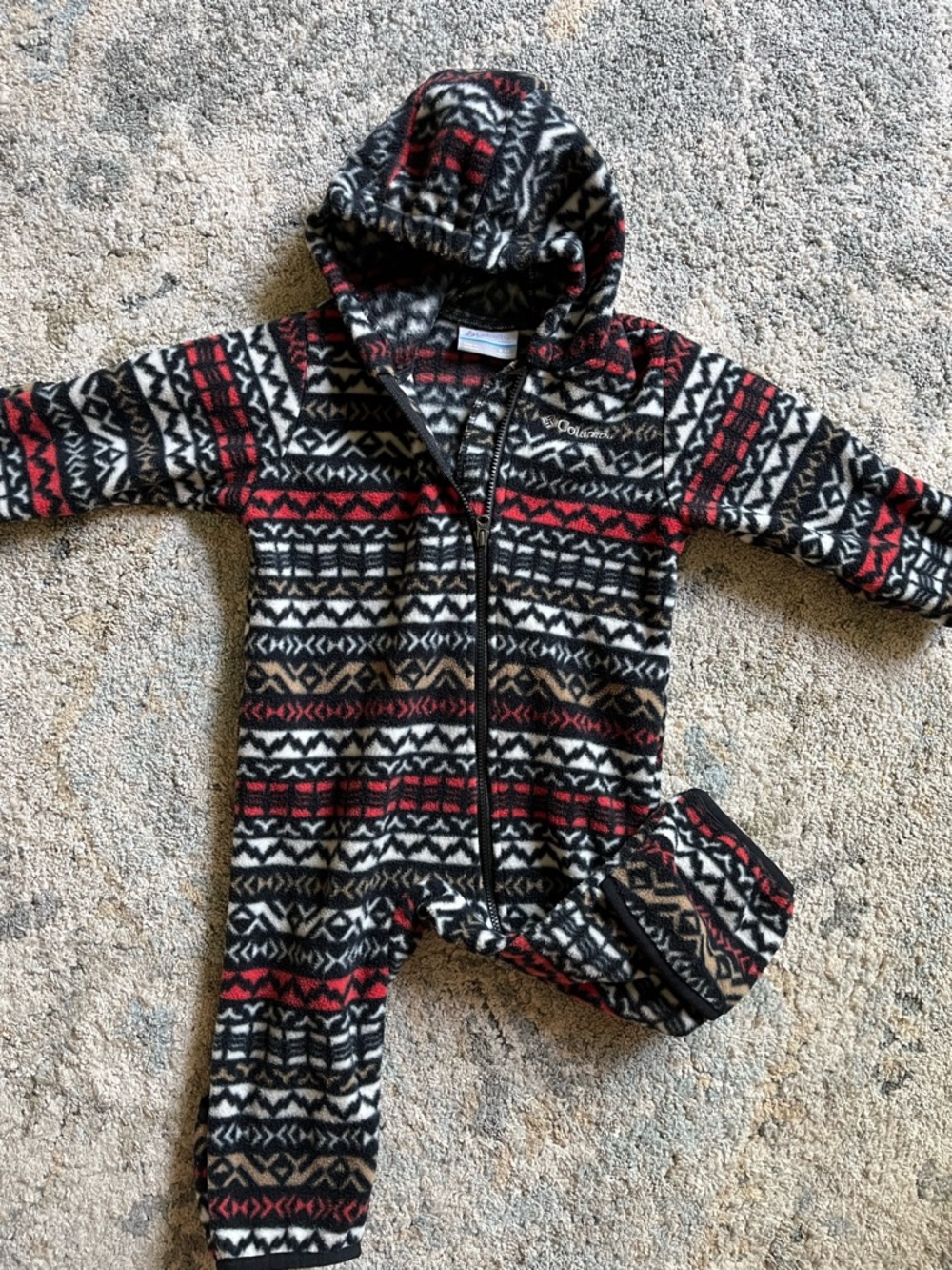 Columbia Black, White & Red Patterned Hooded Fleece Bunting Suit, size 6-12 mo